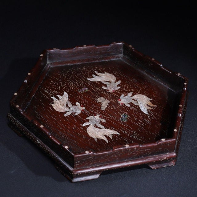 Late 19th Century Late 19th Century Hexagonal Wood Tray With Mother-of-Pearl Goldfish Inlay For Sale - Image 5 of 10
