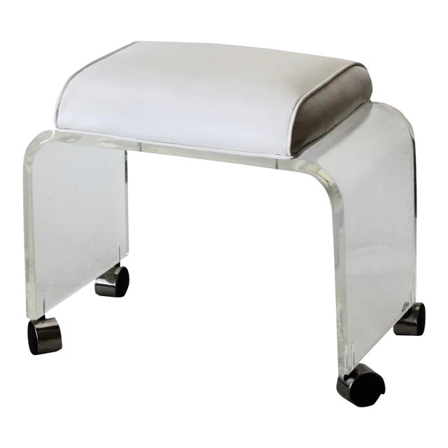 Thick Lucite Acrylic Waterfall Faux Leather Padded Vanity Stool With Castors Vintage Mid Century Modern For Sale