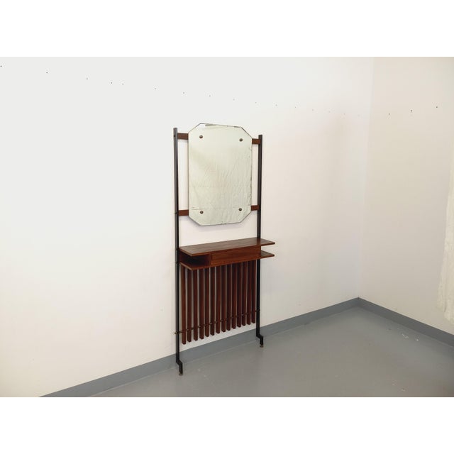 Mid-Century Italian Hall Cabinet in Teak and Metal with Mirror, Shelves and Drawer, 1950s-1960s For Sale - Image 15 of 16