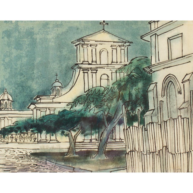 A watercolor and ink drawing by American artist James Spencer Russel (1915-2000). This drawing depicts the facade of a...