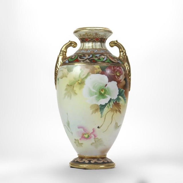 Antique Nippon Hand Painted Floral Porcelain Vase C1920 Measures - 13 3/4" x 9 1/4" x 7 1/4" A finely crafted antique...