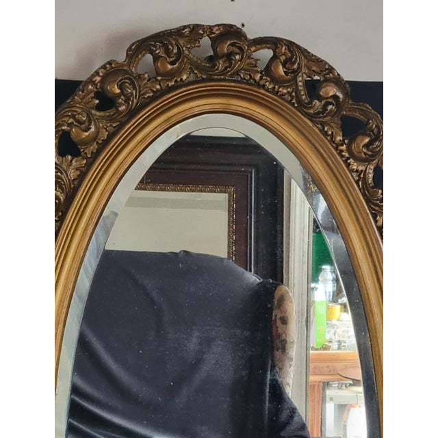 Gold Early 1900s French Style Hand Carved Gilded Oval Beveled Wall Mirror For Sale - Image 8 of 12