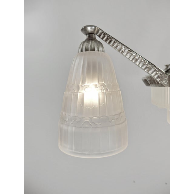 Cherrier & Besnus & Hanots French Art Deco Chandelier 1930s - Stepped Glass & Nickel For Sale - Image 11 of 12