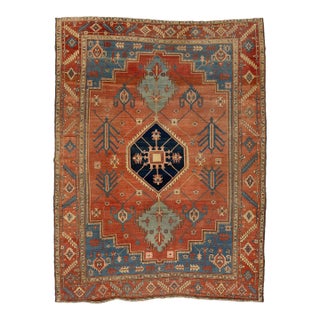 19th Century Antique Serapi Rug With Terracotta & Indigo Medallion For Sale