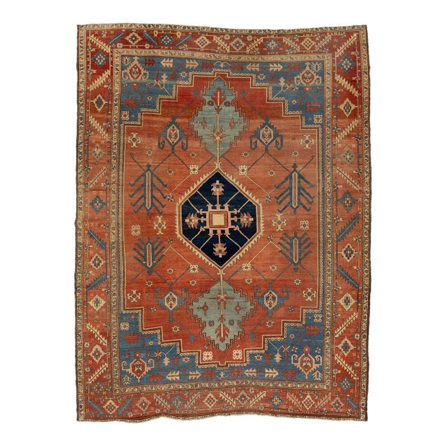 19th Century Antique Serapi Rug With Terracotta & Indigo Medallion For Sale