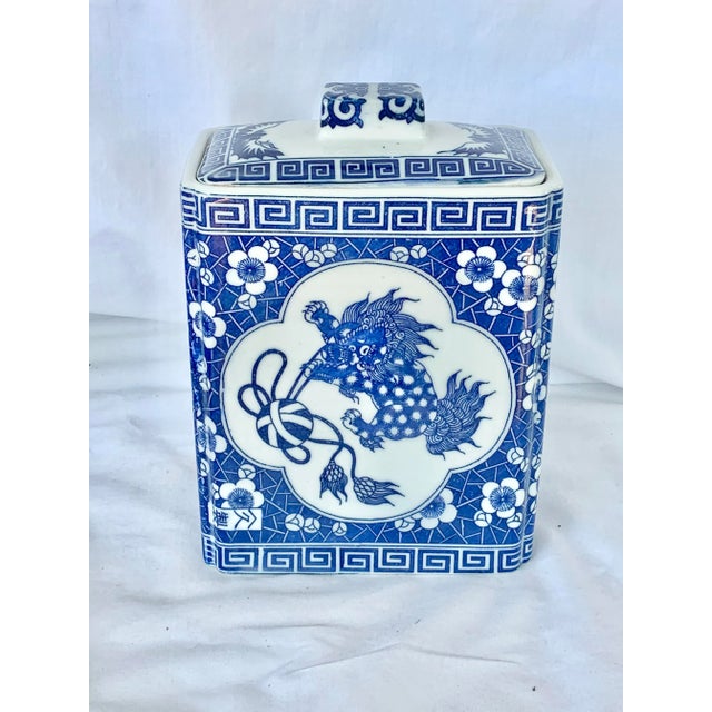 Asian Vintage Blue and White Lidded Container For Sale - Image 3 of 8