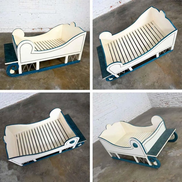 Vintage Sleigh-Style Child, Doll or Dog Bed White With Blue Trim & Nail Head Design For Sale - Image 12 of 13