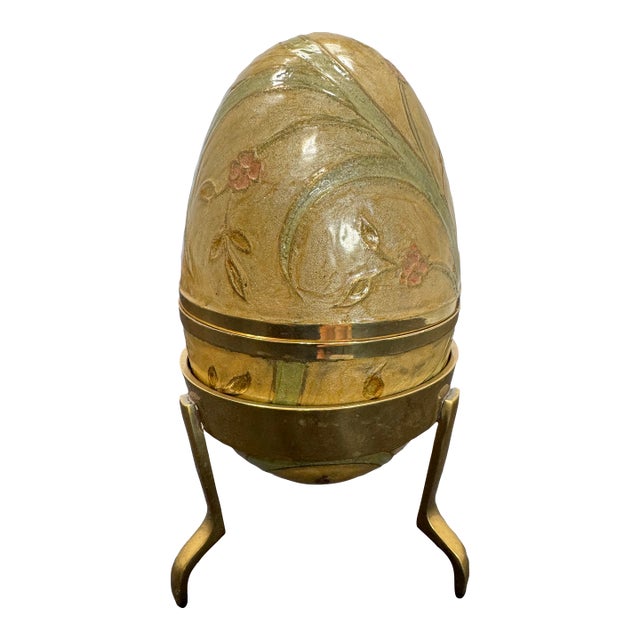 VTG Cream Pink Green Cloisonne Enamel Brass Egg on Stand Lift Off Trinket Box 6" For Sale