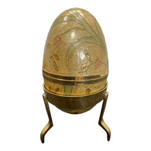 VTG Cream Pink Green Cloisonne Enamel Brass Egg on Stand Lift Off Trinket Box 6"