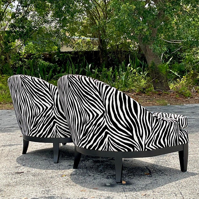 American Vintage Boho Low Slung Zebra Lounge Chairs - a Pair For Sale - Image 3 of 8