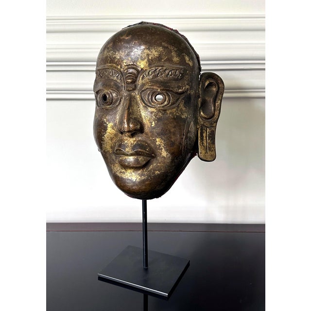 Chinese Tibetan Gilt Copper Alloy Mask on Display Stand For Sale - Image 3 of 18