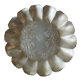 Vintage Stamped Aluminum Scalloped Edge Serving Tray, Rose Design For Sale