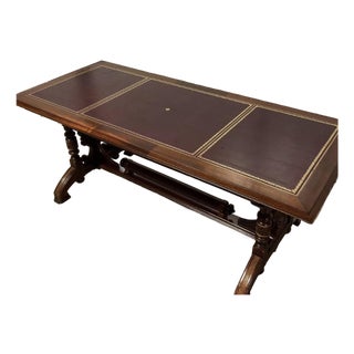 Antique Renaissance Revival Carved Walnut Library Table / Writing Desk — Leather Top For Sale