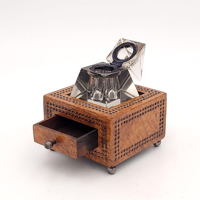 Neoclassical Crystal Pyramid Inkwell in Wooden Stand, Circa 1870 For Sale - Image 3 of 11