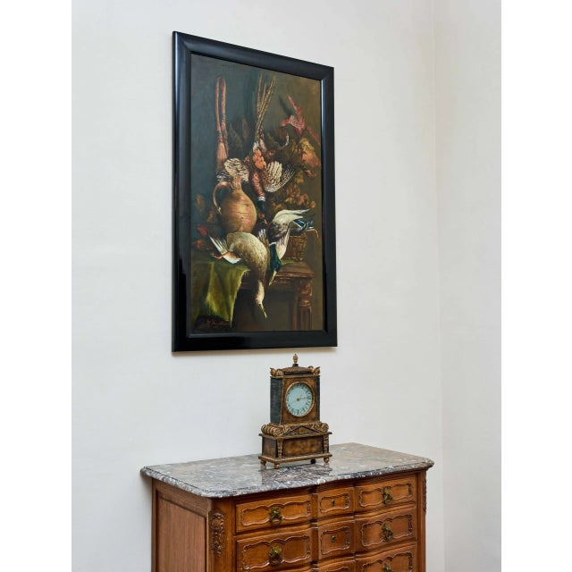 Monumental oil painting on canvas typical of Flemish hunting still life. The composition with richly modeled ducks and...