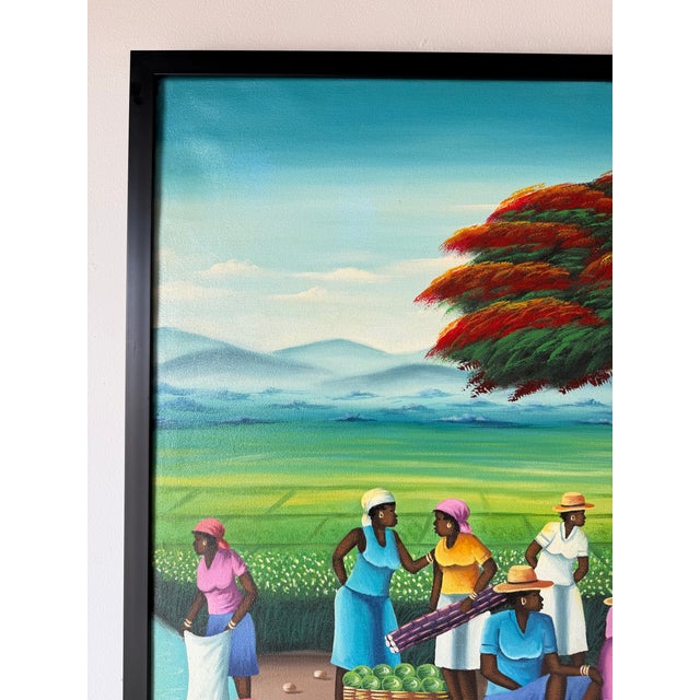 Textile Vintage Barnes Folk Art Market Scene Oil on Canvas Painting – Framed For Sale - Image 7 of 14