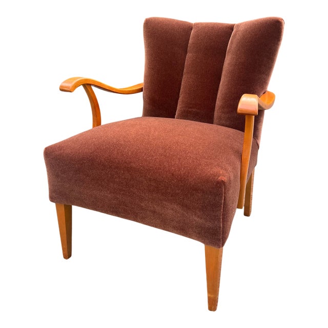 1940s Danish Modern Fritz Hansen Style Lounge Chair in Cinnamon Mohair For Sale
