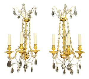 Early 21st Century Pair Of Gilt Bronze And Crystal Louis XVI Style Wall Sconces