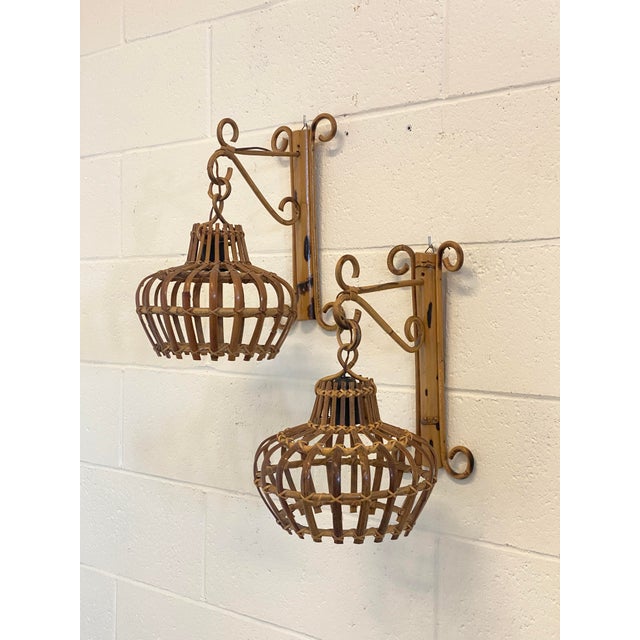 Mid-Century Modern Rattan and Bamboo Wall Lamps, 1970s, Set of 2 For Sale - Image 3 of 14
