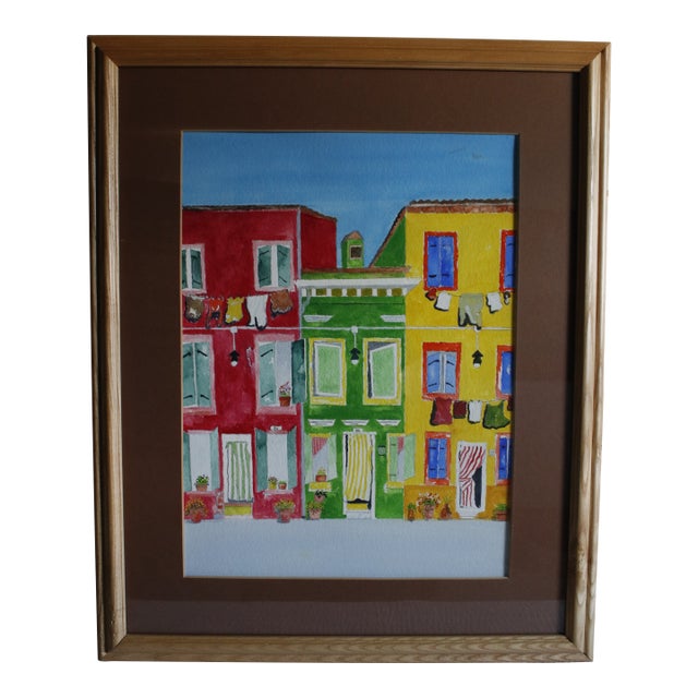 Mid-Century Style Signed Framed Expressionist Watercolor - Burano Canal Houses For Sale