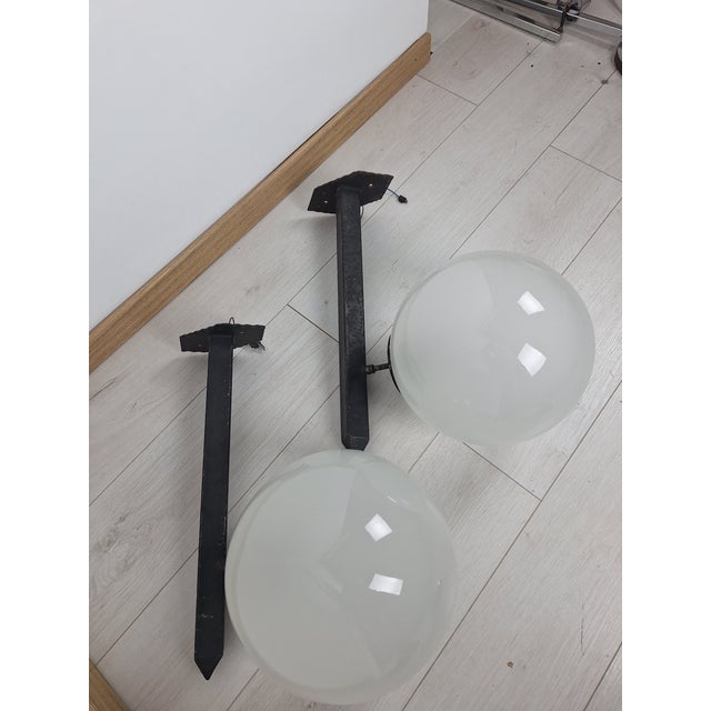 1950s Wall Lamps in Black Lacquered Iron and Brass with Etched Glass Sphere, 1950s, Set of 2 For Sale - Image 5 of 17