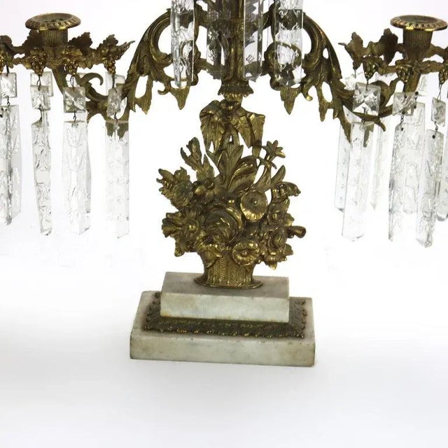 Rococo Pair of Antique Bronze & Crystal Three-Light Floral Basket Girandoles C1880 For Sale - Image 3 of 14