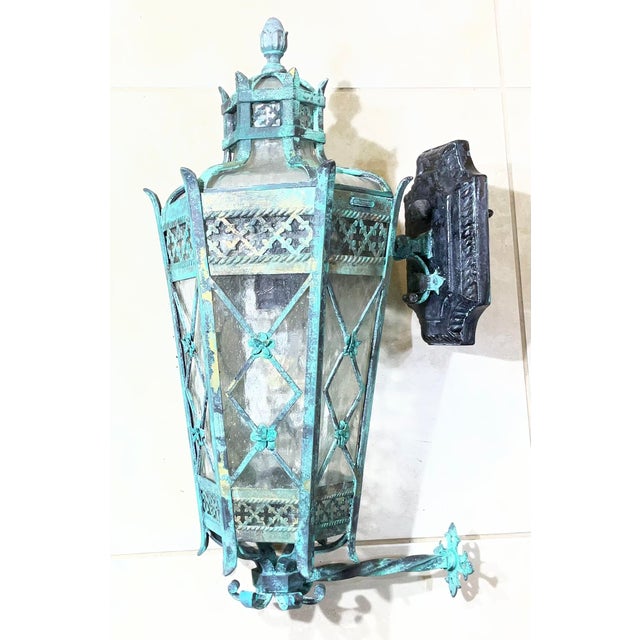 Magnificent Single Vintage Bronze & Brass Hexagonal Wall Lantern Sconce For Sale - Image 9 of 17