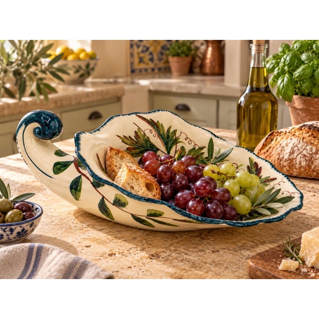 Beautiful Italian hand-painted ceramic serving dish featuring a richly detailed grapevine motif in deep purple, golden...
