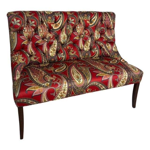 Tufted Settee in Red Paisley Textile For Sale