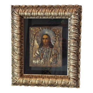 Late 19th Century Antique Russian 84 Zolotnik Silver Icon of Christ Pantocrator With Gilt Riza – Framed For Sale