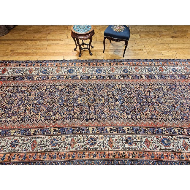 Antique Persian Malayer Gallery Rug, Hand-Knotted Wool, Geometric Pattern, 7x15, Navy & Ivory For Sale In Chicago - Image 6 of 18