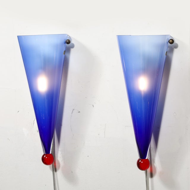 Mid-Century Hand-Blown Periwinkle Murano Glass Conical Sconces Signed Cenedese For Sale - Image 11 of 16