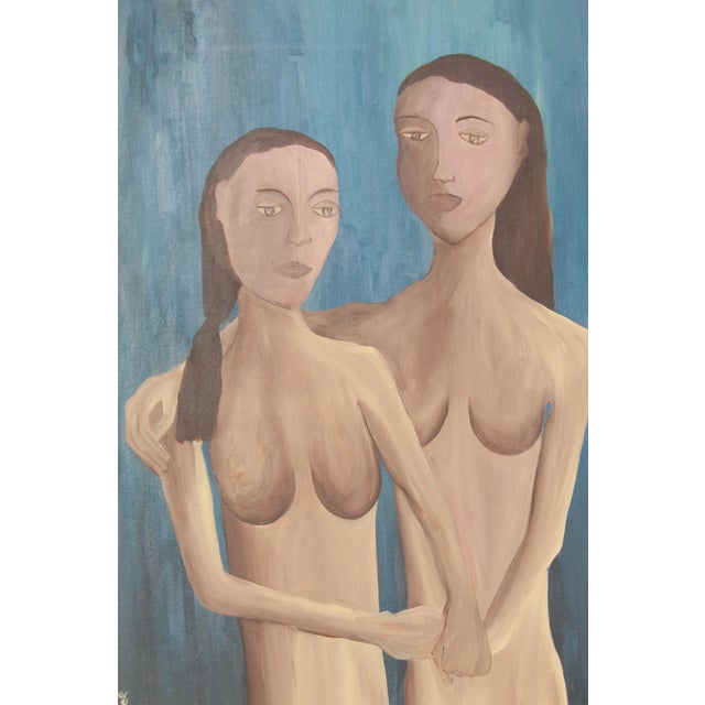 Mid-Century Modern 1960s Vintage Mid-Century Modern Two Women Oil Paintings - a Pair For Sale - Image 3 of 11