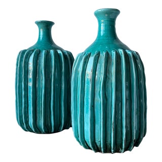 Turquoise Art Pottery Vases-Tozai-A Pair For Sale