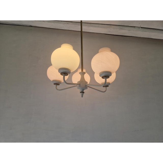 Beautiful mid century chandelier with 5 arms and glass shades in the shape of tulips. Up to 250V (Europe/UK Standard).The...