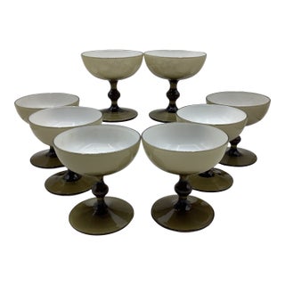 Vintage Carlo Moretti Italy Smoke Taupe White Cased Glass Champagne Coupes Glasses - Set of 8 For Sale