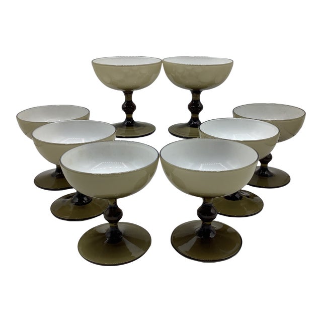 Vintage Carlo Moretti Italy Smoke Taupe White Cased Glass Champagne Coupes Glasses - Set of 8 For Sale