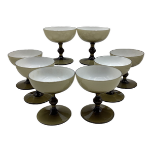 Vintage Carlo Moretti Italy Smoke Taupe White Cased Glass Champagne Coupes Glasses - Set of 8