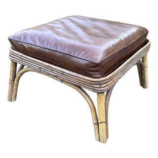 Vintage 1950s Square Bamboo Footstool With Vinyl Cushion For Sale