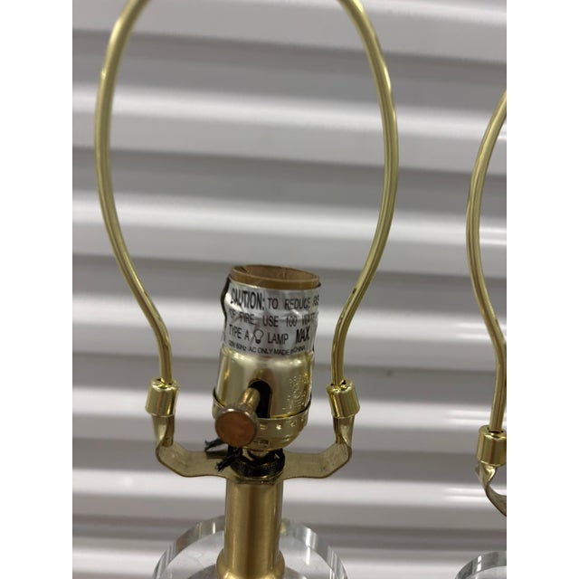 Glass Swedish Style Stacked Crystal Glass and Brass Table Lamps - A Pair For Sale - Image 7 of 7