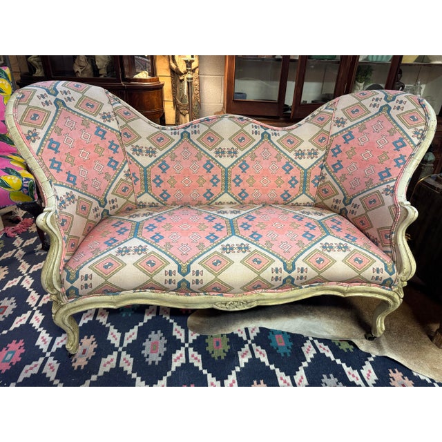 One of a kind, newly professionally reupholstered vintage French Provincial style settee. c.1950s/60s. Dramatic frame...