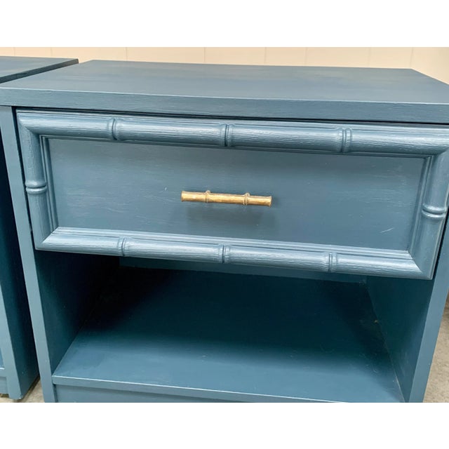 1970s Vintage Blue Faux Bamboo Nightstands - A Pair For Sale - Image 5 of 9