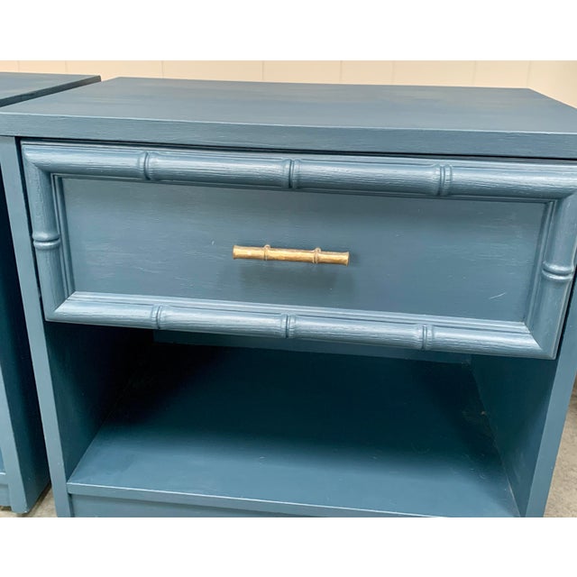 1970s Vintage Blue Faux Bamboo Wooden Nightstands - A Pair For Sale - Image 5 of 9