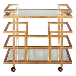 Matthew Izzo Home Ireland Geometric Hand Finished Gold Leaf Bar Cart on Casters With Two Mirror Shelves For Sale