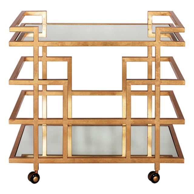 Matthew Izzo Home Ireland Geometric Hand Finished Gold Leaf Bar Cart on Casters With Two Mirror Shelves For Sale