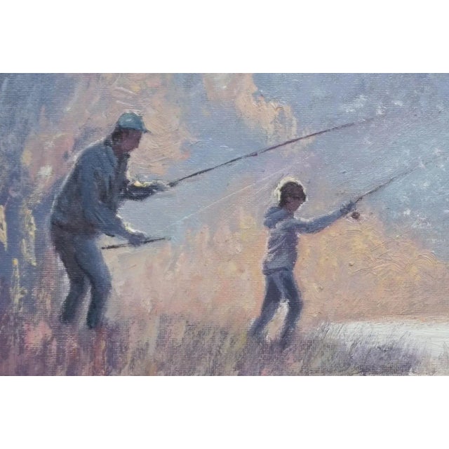 Original oil painting by Sean Wu, Father and son fishing by the pond