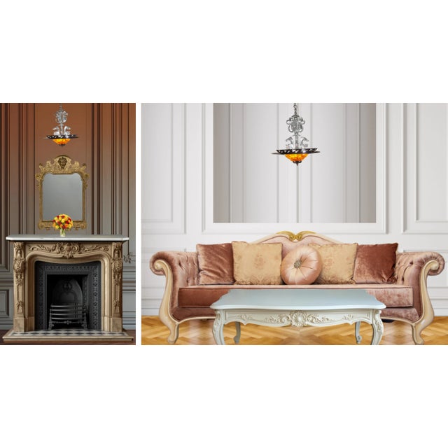 Chrome Tone Scroll Metal 3 Light Chandelier With Tortoise Shell Murano Style Asymmetrical Glass Shade For Sale - Image 13 of 18