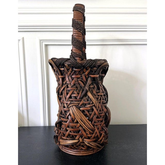 Large Antique Japanese Smoked Bamboo Basket Ikebana Mingei For Sale - Image 10 of 18