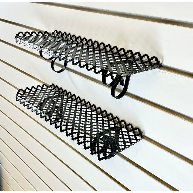 1960s Mid-Century Modern Boho Chic Pierced Metal Wall Mounted Shelves - A Pair. For Sale - Image 10 of 16