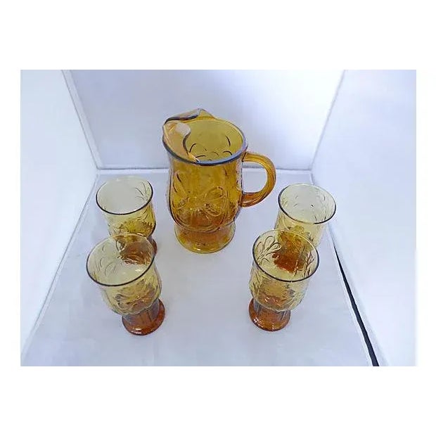 Glass Amber Pitcher and Glasses - Set of 5 For Sale - Image 7 of 7